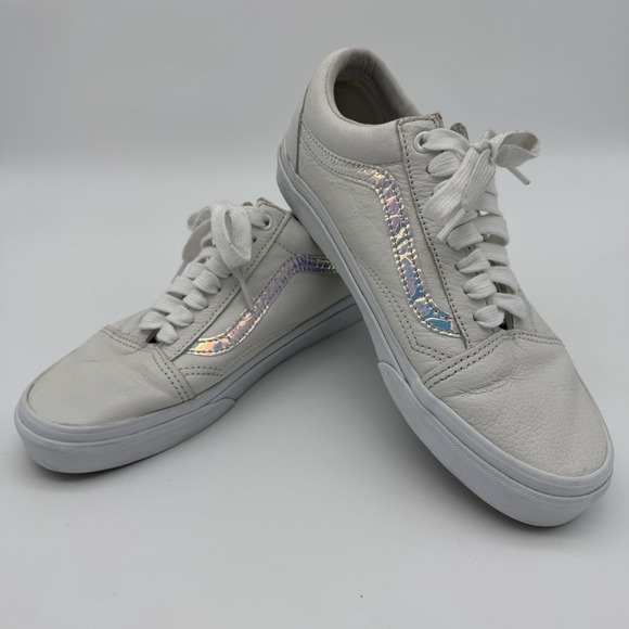 Vans Women's Old Skool White Leather Holo Sidestripe Skate Shoes Size 8.5 - Picture 1 of 9